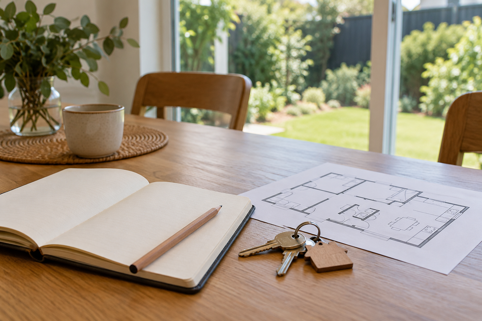 Notebook, keys and a floor-plan sketch on a dining table.
