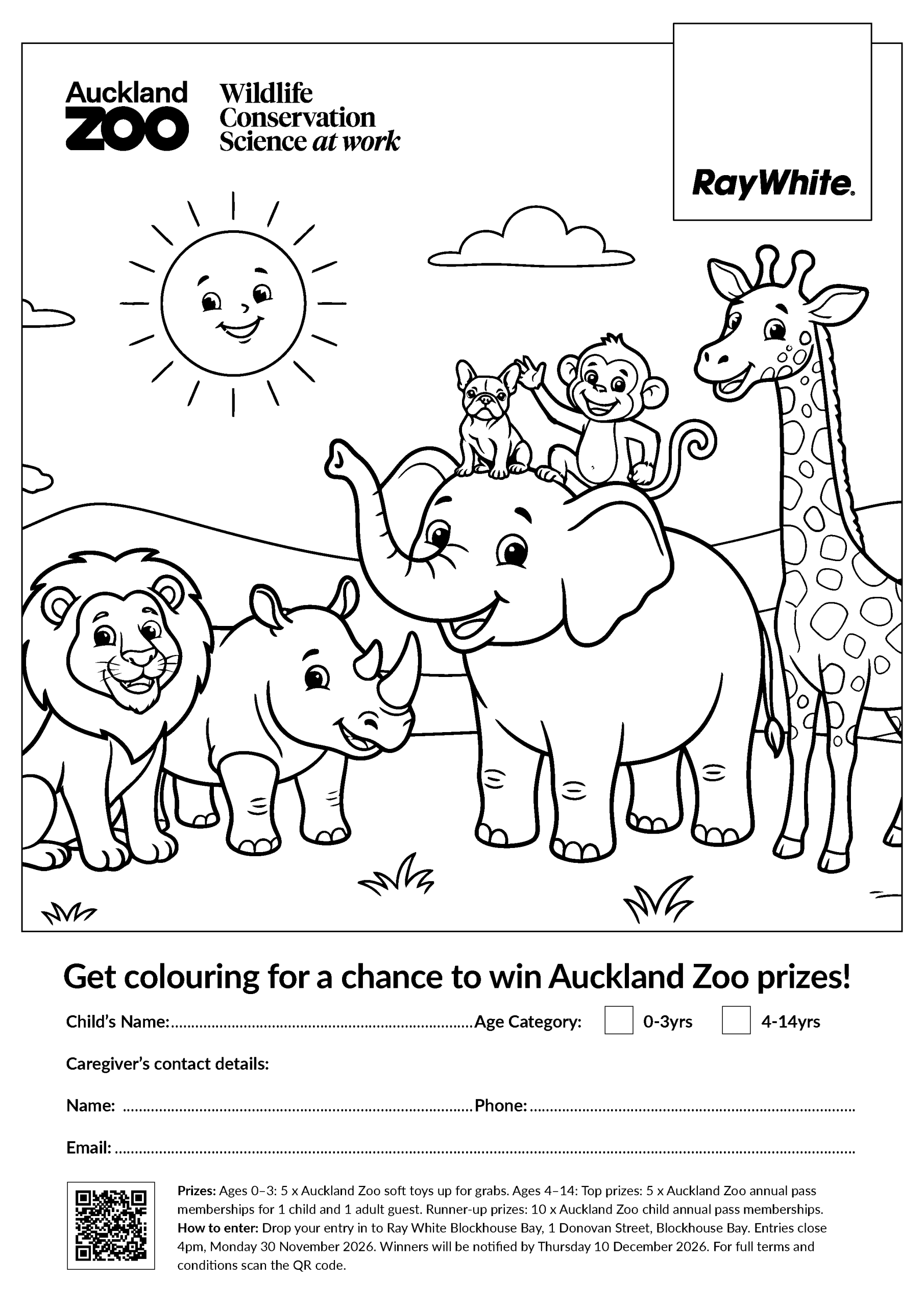Auckland Zoo colouring competition sheet with animals to colour in
